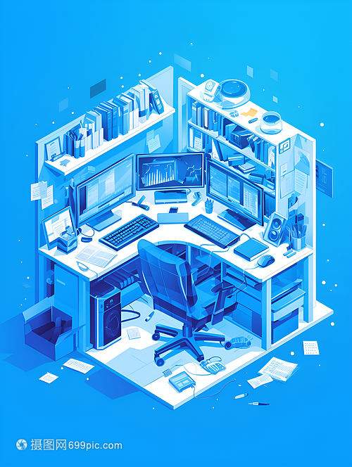 藍(lán)色辦公室插畫 辦公設(shè)備的美學(xué)與功能交融
